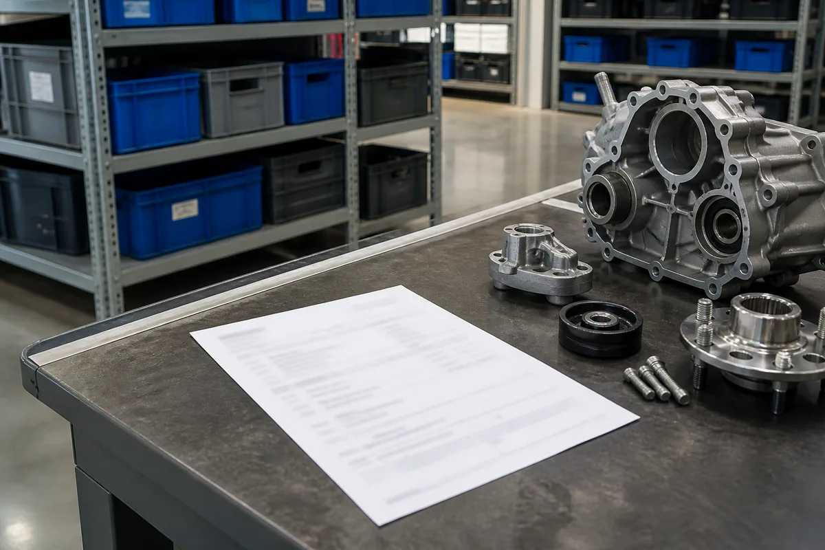 Facture détaillée d’une pièce automobile posée sur un plan de travail d’atelier