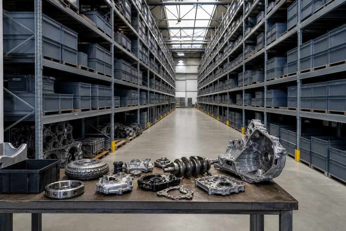 Rayonnage métallique d'entrepôt garni de bacs de pièces automobiles d'occasion étiquetées